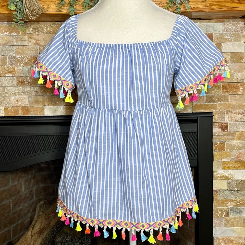 Entro Blue Striped Short Sleeve Top with Tassels NWT Size M